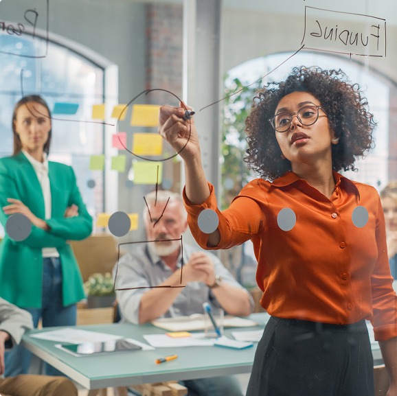 Office workers whiteboarding